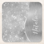 Silver Glitzer Glam Bling Personalisiert Metallic Rechteckiger Pappuntersetzer (Vorderseite)