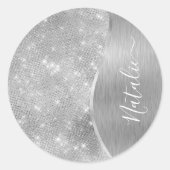Silver Glitzer Glam Bling Personalisiert Metallic Runder Aufkleber (Vorderseite)