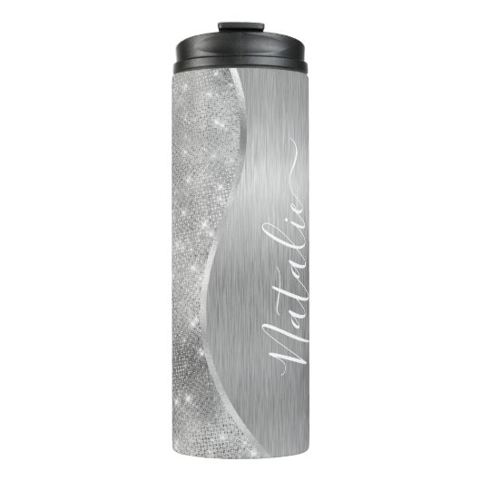 Silver Glitzer Glam Bling Personalisiert Metallic Thermosbecher (Vorderseite)