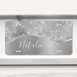 Silver Glitzer Glam Bling Personalisiert Metallic US Nummernschild<br><div class="desc">Dieses silber gebürstete Metall und glamouröse Imitate Glitzer gemusterte Nummernschild mit Ihrem eigenen individuelle Name leicht personalisieren.</div>