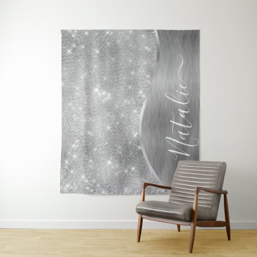 Silver Glitzer Glam Bling Personalisiert Metallic Wandteppich (Beispiel)