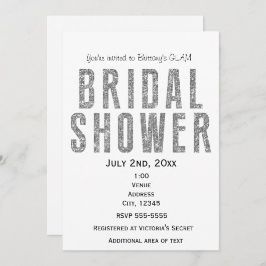 Silver Glitzer Glam Brautparty Chic Einladung (Vorne/Hinten)