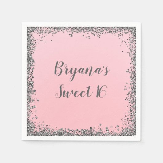 Silver Glitzer Glam Edge Sweet 16 Custom Party Serviette (Vorderseite)