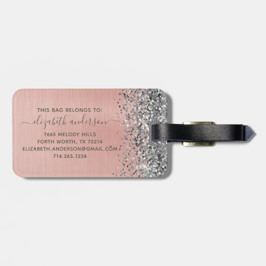 Silver Glitzer Glam Pink Pinselmetall Monogramm Gepäckanhänger (Rückseite horizontal)
