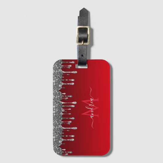 Silver Glitzer Glam Red Gradient Monogram & Name Gepäckanhänger (Vorderseite Vertikal)