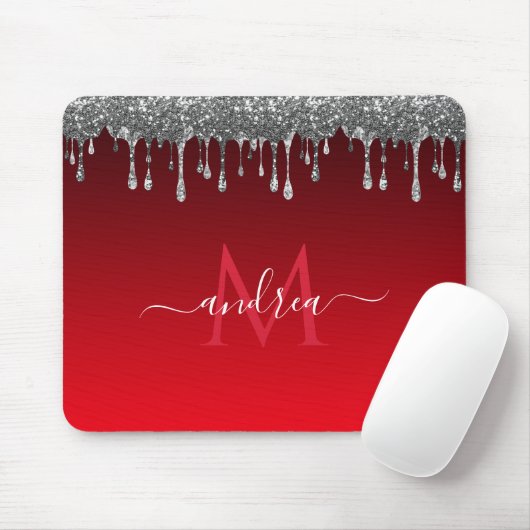 Silver Glitzer Glam Red Gradient Monogram & Name Mousepad (Mit Mouse)