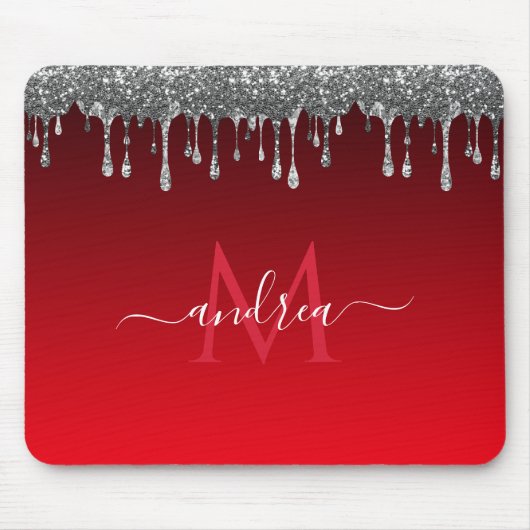 Silver Glitzer Glam Red Gradient Monogram & Name Mousepad (Vorne)