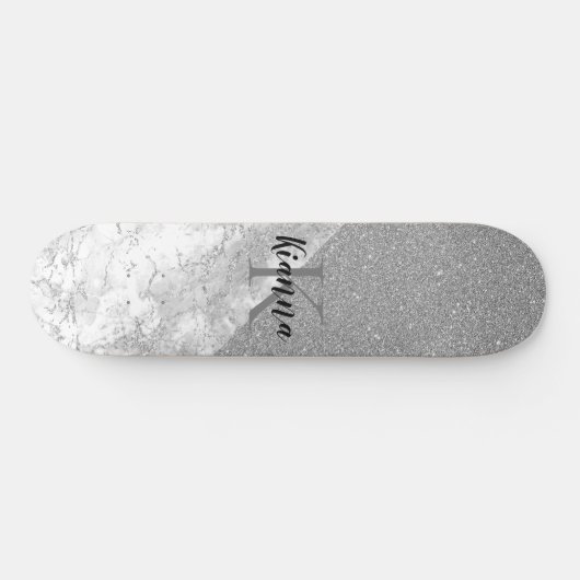 Silver Glitzer Glam Silver Marble Monogram Skateboard (Horizontal)