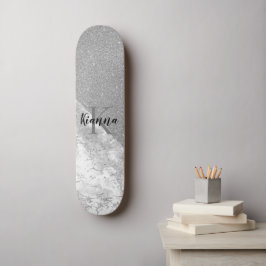 Silver Glitzer Glam Silver Marble Monogram Skateboard