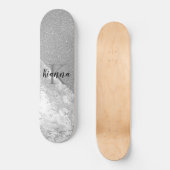Silver Glitzer Glam Silver Marble Monogram Skateboard (Vorderseite)