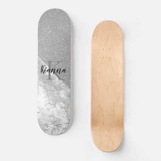 Silver Glitzer Glam Silver Marble Monogram Skateboard (Vorderseite)
