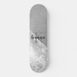 Silver Glitzer Glam Silver Marble Monogram Skateboard