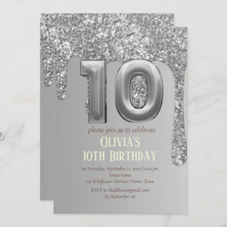 Silver Glitzer Glam Tropfen Girl Girly 10. Geburts Einladung