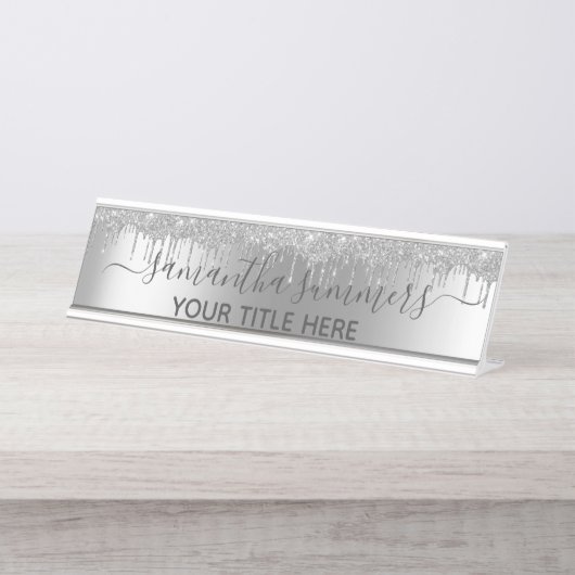 Silver Glitzer Glam Tropfens Handgeschriebene Kall Schreibtischnamensplakette (Vorderseite )