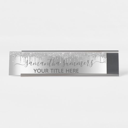 Silver Glitzer Glam Tropfens Handgeschriebene Kall Schreibtischnamensplakette (Vorderseite )