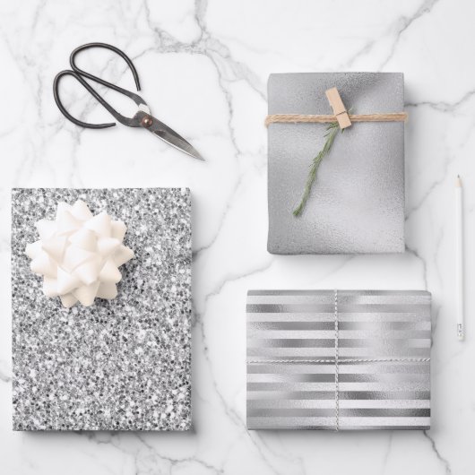Silver Glitzer Glitz Geschenkpapier Set (Vorderseite)