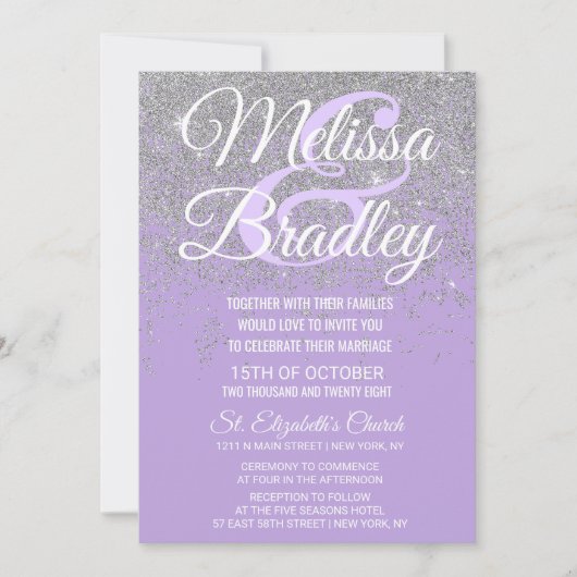 Silver Glitzer Glitzern Dark Lavender Wedding Einladung (Vorderseite)