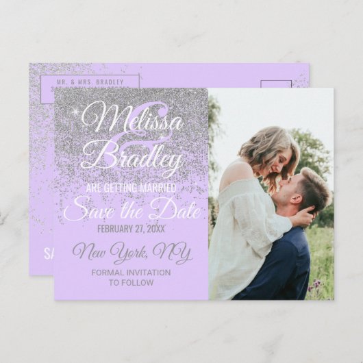 Silver Glitzer Glitzern Lavendel Lila Gerettet Dat Ankündigungspostkarte (Vorne/Hinten)