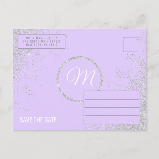 Silver Glitzer Glitzern Lavendel Lila Gerettet Dat Ankündigungspostkarte (Rückseite)