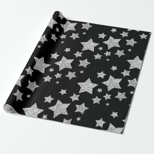 Silver Glitzer Glitzern Stars schwarz Geschenkpapier (Ungerollt)