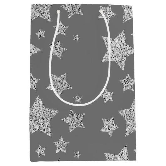 Silver Glitzer Glitzern Sternmuster hellgrau Mittlere Geschenktüte (Vorderseite)