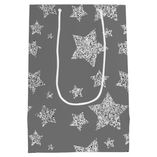 Silver Glitzer Glitzern Sternmuster hellgrau Mittlere Geschenktüte (Rückseite)