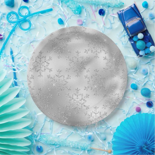 Silver Glitzer Glitzy Snowflakes Pappteller (Party)