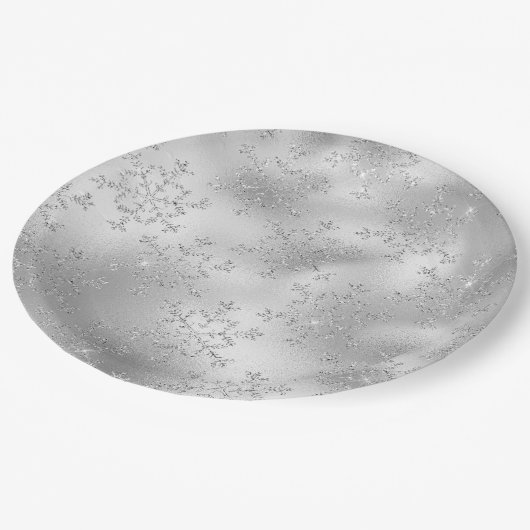 Silver Glitzer Glitzy Snowflakes Pappteller (Schrägansicht)