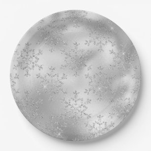 Silver Glitzer Glitzy Snowflakes Pappteller