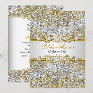 Silver Glitzer & Gold Damask Quinceanera Einladung
