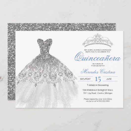 Silver Glitzer Gown Elegante Quinceañera Einladung (Vorne/Hinten)
