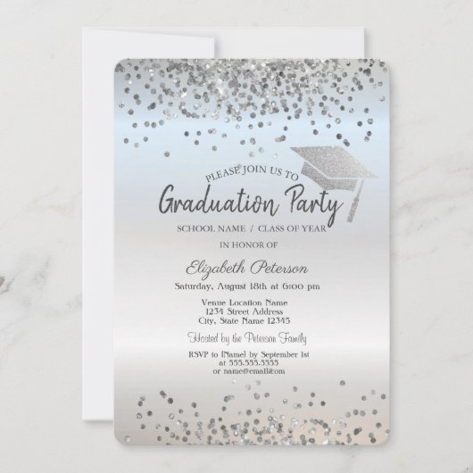 Silver Glitzer Graduation Cap Confetti Abschluss Einladung (Vorderseite)