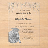 Silver Glitzer Graduation Cap, Disco Ball Confetti Acryleinladungen (Vorderseite)