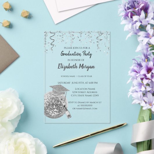 Silver Glitzer Graduation Cap, Disco Ball Confetti Acryleinladungen (In Situ (Hochzeit))