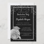 Silver Glitzer Graduation Cap, Disco Ball Confetti Einladung (Vorderseite)