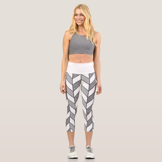 Silver Glitzer Grau Herringbone Zickzack Capri Leggings (Vorderseite)