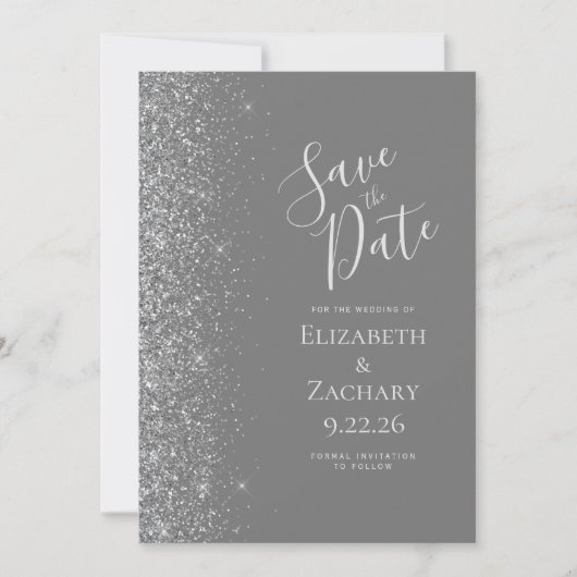 Silver Glitzer Grau Save the Date Ankündigung (Vorderseite)