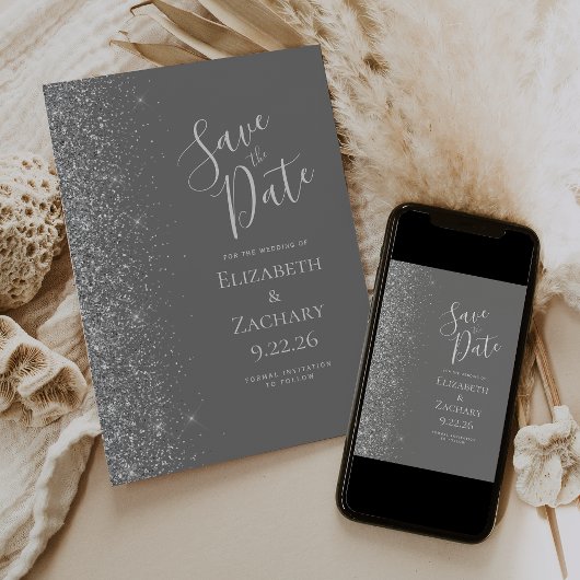 Silver Glitzer Grau Save the Date Ankündigung