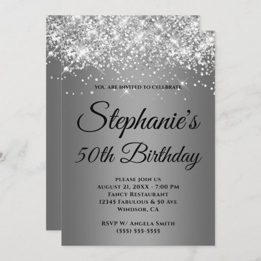 Silver Glitzer Gray Edge Gradient Einladung (Vorne/Hinten)