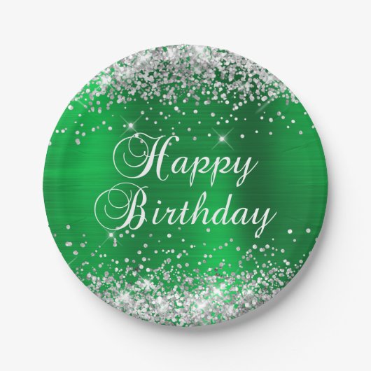 Silver Glitzer Green Foil Happy Birthday Pappteller (Vorderseite)