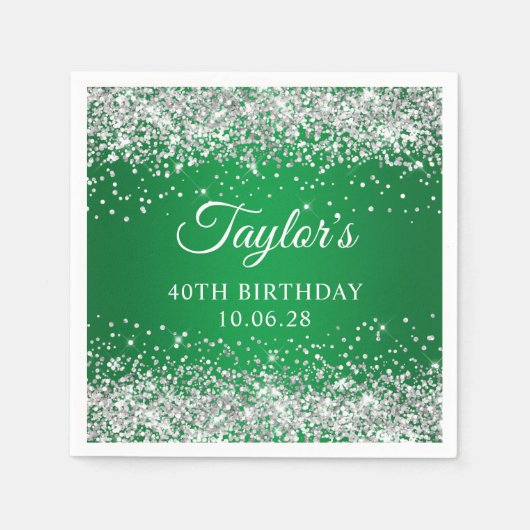 Silver Glitzer Green Ombre 40. Geburtstag Serviette (Vorderseite)