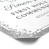 Silver Glitzer Greenery Erste Kommunion Willkommen Poster (Ecke)