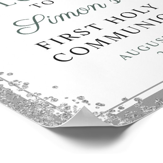 Silver Glitzer Greenery Erste Kommunion Willkommen Poster (Ecke)