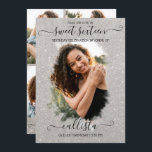 Silver Glitzer Halo Foto Collage Sweet 16 Einladung<br><div class="desc">Diese hübsche und gürmische 16 . Geburtstag Geburtstagsparty Foto Collage Einladung ist perfekt für das trendige und stilvolle Mädchen. Es verfügt über ein Imitat, das funkelnd silberne Glitzer-Pinselhalo auf einem großen Feature-Foto und elegante handgeschriebene Schrift Typografie gedruckt. Auf der Rückseite sind vier weitere individuell anpassbare Bilder und die Party-Details mit...</div>
