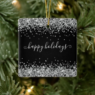 Silver Glitzer Happy Holidays Sparkle Schwarz Keramikornament