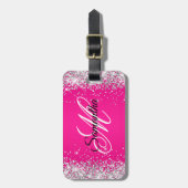 Silver Glitzer Hot Pink Extravagant Monogramm Gepäckanhänger (Vorderseite vertikal)