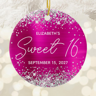 Silver Glitzer Hot Pink Extravagant Sweet 16 Foto Keramik Ornament