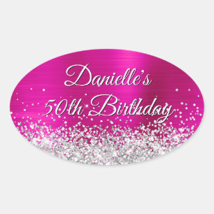 Silver Glitzer Hot Pink Foil 50. Geburtstag Ovaler Aufkleber