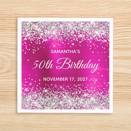 Silver Glitzer Hot Pink Foil 50. Geburtstag Serviette