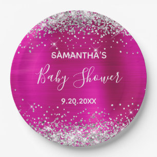 Silver Glitzer Hot Pink Foil Babydusche Pappteller